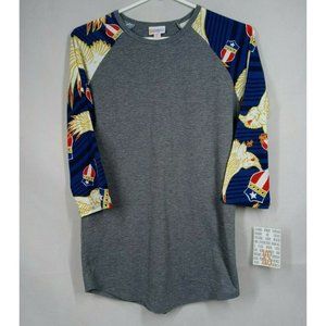 NWT LulaRoe Randy Solid Gray With Eagles & Coat Of Arms On Blue Sleeves Size XS
